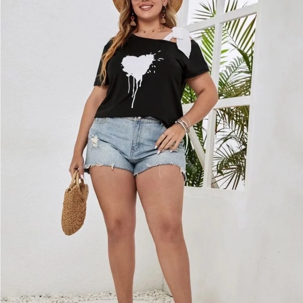 3/$12 Shein Curve Heart Splatter Off One Shoulder Bow Tie Tee T-Shirt Blouse Top - Picture 7 of 12